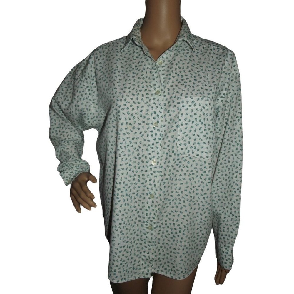 Vtg Best American Clothing Co M Green&White Long Sleeve Button Shirt teal floral